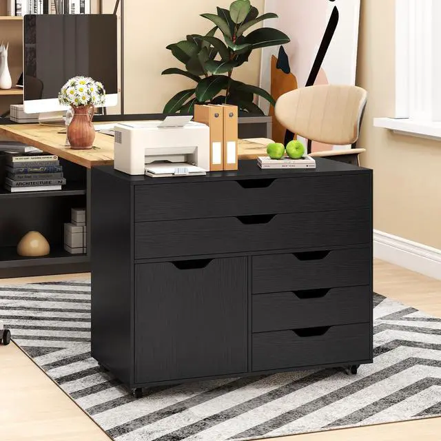 Alt view image 7 of 7 - File Cabinet, 4 Drawer Filing Cabinet with Doors | Mobile Storage Organizer, Wooden Printer Stand on Wheels for Study, Home Office, Living Room (Black)