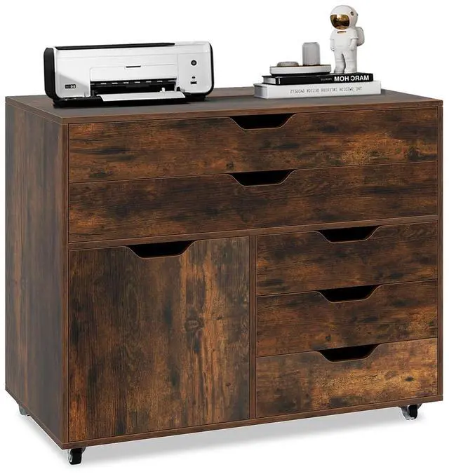 Main image of File Cabinet, 5 Drawer Filing Cabinet with Door |, Mobile Storage Organizer, Wooden Printer Stand on Wheels for Study Home Office Living Room (Rustic Brown)