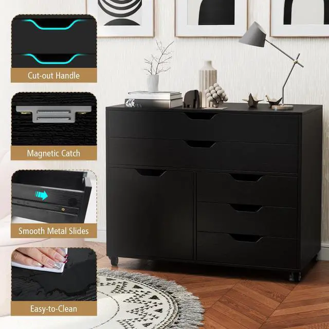 Alt view image 6 of 7 - File Cabinet, 4 Drawer Filing Cabinet with Doors | Mobile Storage Organizer, Wooden Printer Stand on Wheels for Study, Home Office, Living Room (Black)