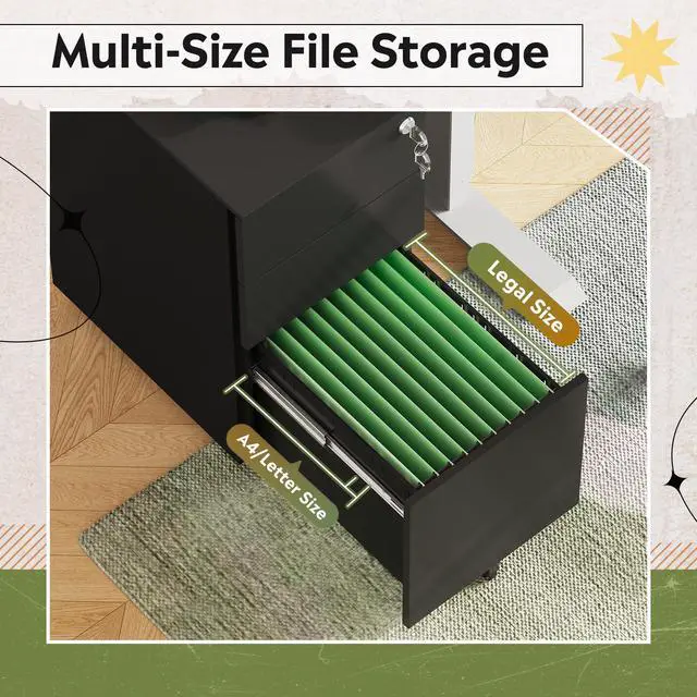Alt view image 3 of 7 - 3 Drawer Mobile File Cabinet, Fully Assembled Metal Filing Cabinet | Under Desk File Storage Cabinet with Lock for Home Office, Fits Letter/Legal/A4 Size, Black