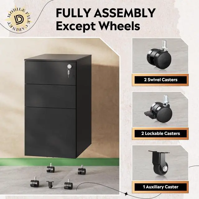 Alt view image 5 of 7 - 3 Drawer Mobile File Cabinet, Fully Assembled Metal Filing Cabinet | Under Desk File Storage Cabinet with Lock for Home Office, Fits Letter/Legal/A4 Size, Black