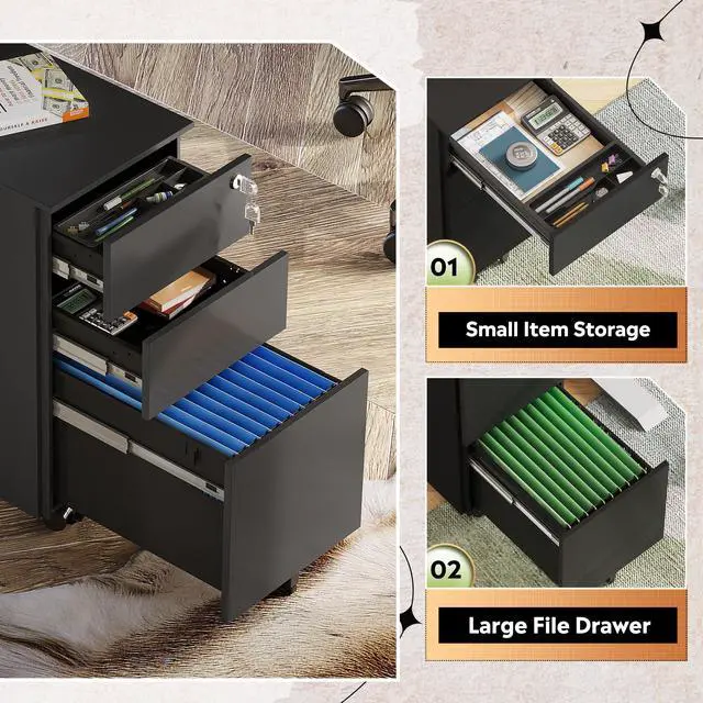 Alt view image 4 of 7 - 3 Drawer Mobile File Cabinet, Fully Assembled Metal Filing Cabinet | Under Desk File Storage Cabinet with Lock for Home Office, Fits Letter/Legal/A4 Size, Black