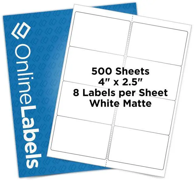 Main image of OnlineLabels 4" x 2.5" Labels - White Matte - Inkjet/Labels - 500 Sheets | Permanent Adhesive, Blank Rectangle Labels, Inkjet & Laser Compatible
