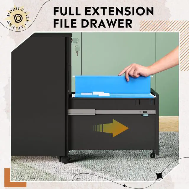 Alt view image 6 of 7 - 3 Drawer Mobile File Cabinet, Fully Assembled Metal Filing Cabinet | Under Desk File Storage Cabinet with Lock for Home Office, Fits Letter/Legal/A4 Size, Black