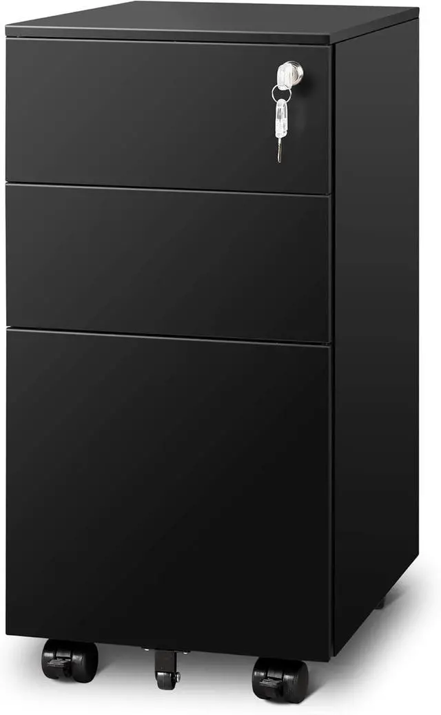 Alt view image 7 of 7 - 3 Drawer Mobile File Cabinet, Fully Assembled Metal Filing Cabinet | Under Desk File Storage Cabinet with Lock for Home Office, Fits Letter/Legal/A4 Size, Black