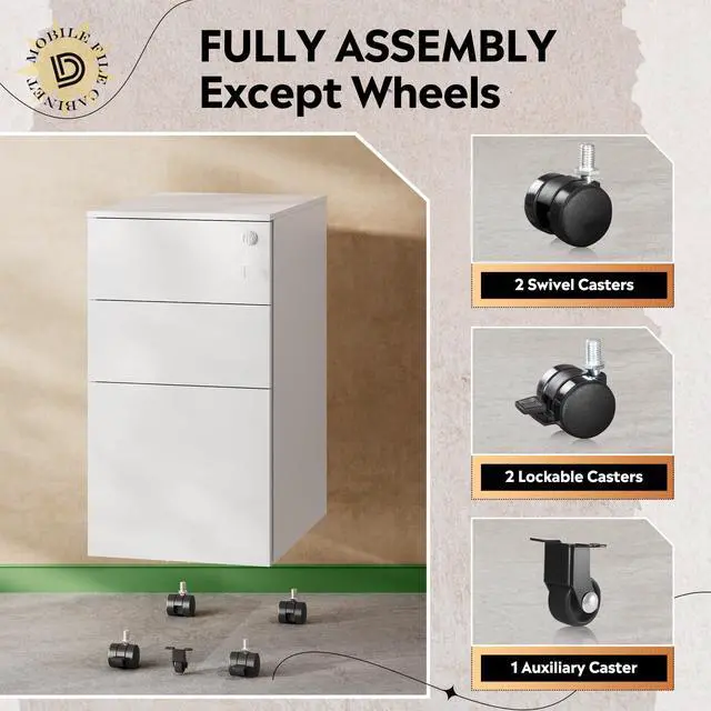Alt view image 3 of 7 - 3 Drawer Slim File Cabinet with Lock, Fully Assembled | Under Desk Metal Filing Cabinet with Wheels for Home Office, Fits Legal/Letter/A4 File, - White