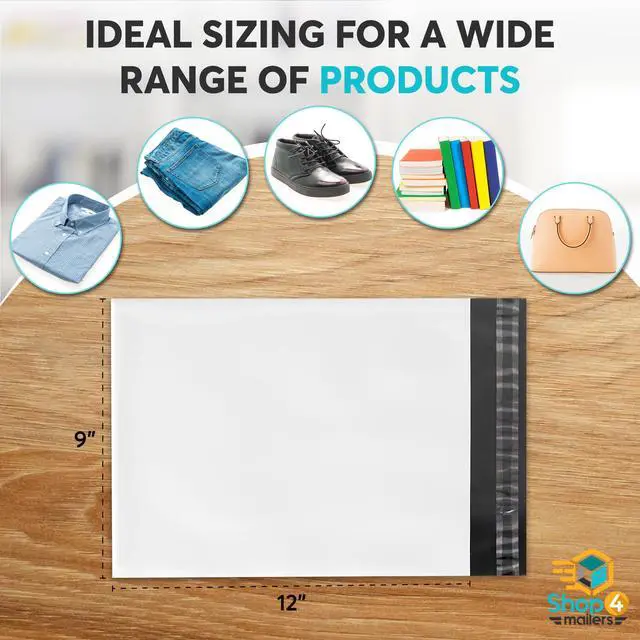 Alt view image 3 of 6 - 9x12 Inch 2 Mil Poly Mailers Glossy White Waterproof Tear-Resistant Shipping Bags for T-Shirts, Clothing, Apparel & Books with Permanent Self Seal Adhesive (2000 Pack)