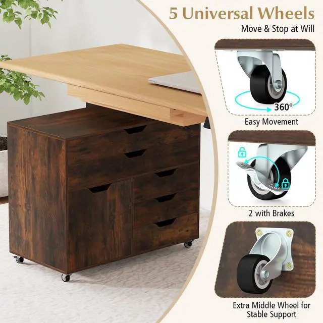 Alt view image 5 of 7 - File Cabinet, 5 Drawer Filing Cabinet with Door |, Mobile Storage Organizer, Wooden Printer Stand on Wheels for Study Home Office Living Room (Rustic Brown)