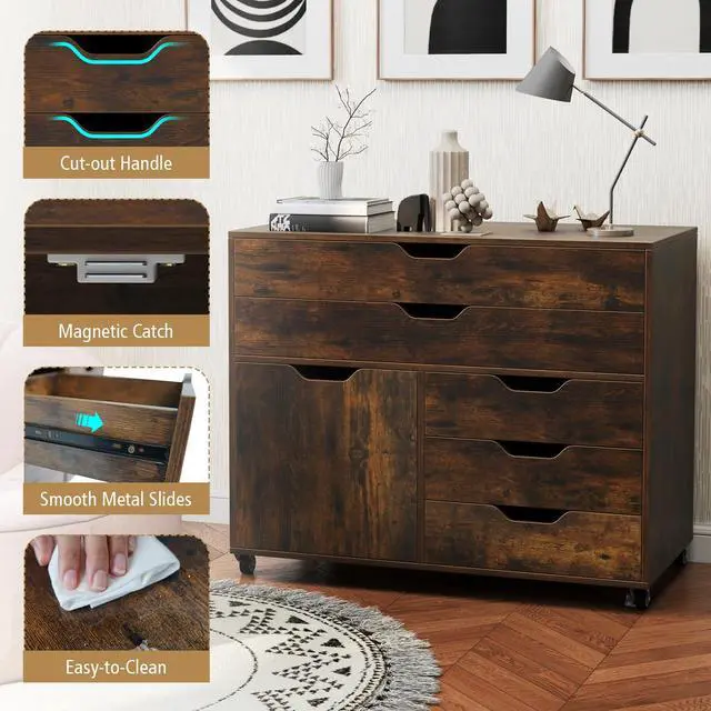 Alt view image 6 of 7 - File Cabinet, 5 Drawer Filing Cabinet with Door |, Mobile Storage Organizer, Wooden Printer Stand on Wheels for Study Home Office Living Room (Rustic Brown)