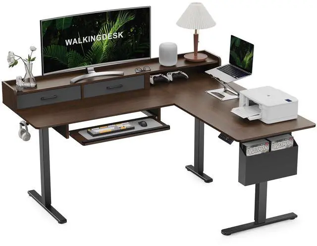 Main image of 63 Inches Height Adjustable L Shaped Standing Desk with 2 Drawers and Keyboard Tray, Electric Sit to Stand Home Office Comupter Table, Ergonomic Corner Gaming Desk, Black Walnut