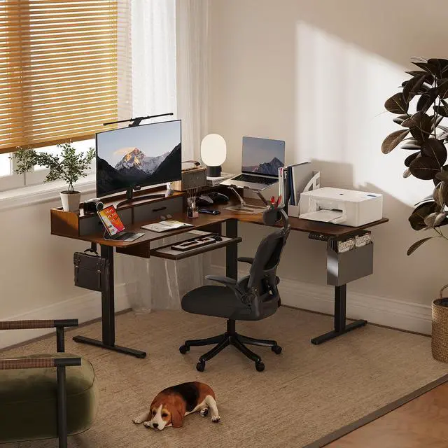 Alt view image 2 of 6 - 63 Inches Height Adjustable L Shaped Standing Desk with 2 Drawers and Keyboard Tray, Electric Sit to Stand Home Office Comupter Table, Ergonomic Corner Gaming Desk, Black Walnut