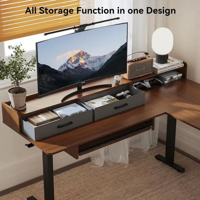 Alt view image 4 of 6 - 63 Inches Height Adjustable L Shaped Standing Desk with 2 Drawers and Keyboard Tray, Electric Sit to Stand Home Office Comupter Table, Ergonomic Corner Gaming Desk, Black Walnut