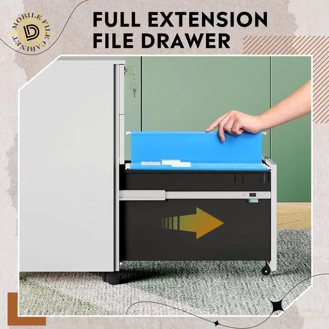 Alt view image 5 of 7 - 3 Drawer Slim File Cabinet with Lock, Fully Assembled | Under Desk Metal Filing Cabinet with Wheels for Home Office, Fits Legal/Letter/A4 File, - White