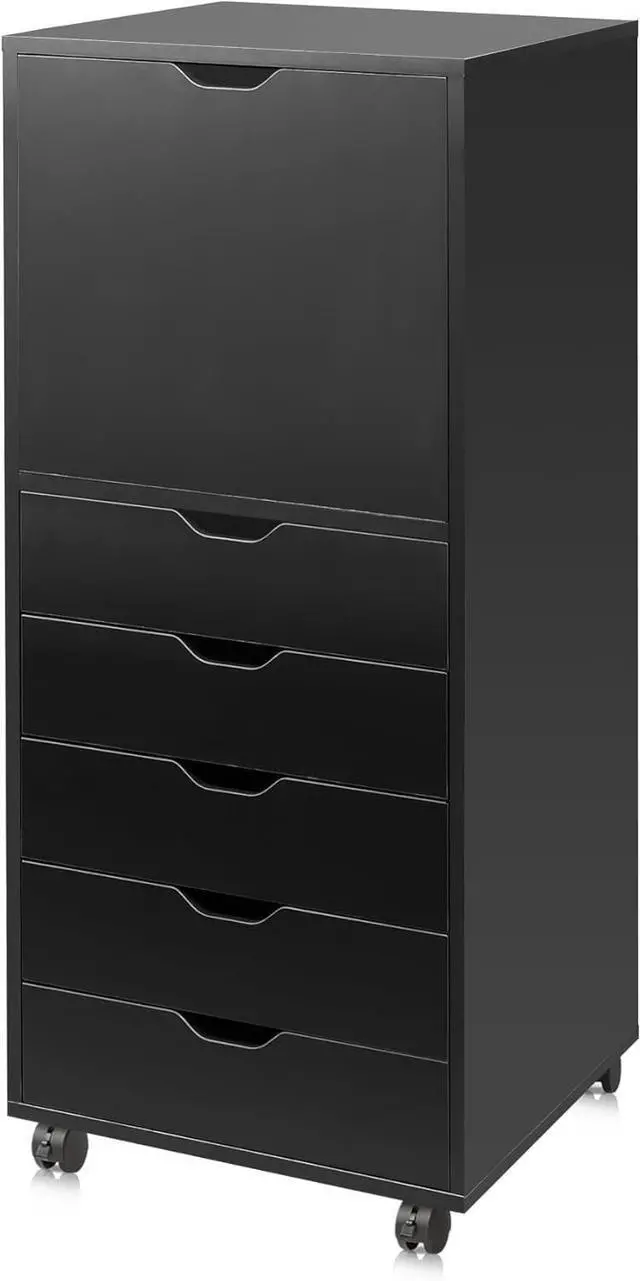 Main image of 5 Drawer Cabinet with 1 Door, Mobile Office File Cabinet, Black | Wood Rolling Cart, Filing Drawers, Craft Storage Drawer Cabinet, Printer Stand, Home Office