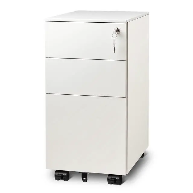 Alt view image 7 of 7 - 3 Drawer Slim File Cabinet with Lock, Fully Assembled | Under Desk Metal Filing Cabinet with Wheels for Home Office, Fits Legal/Letter/A4 File, - White