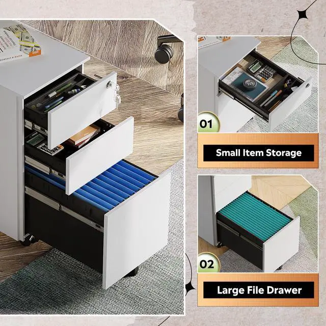 Alt view image 6 of 7 - 3 Drawer Slim File Cabinet with Lock, Fully Assembled | Under Desk Metal Filing Cabinet with Wheels for Home Office, Fits Legal/Letter/A4 File, - White