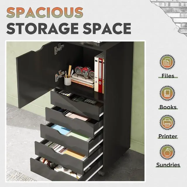 Alt view image 2 of 7 - 5 Drawer Cabinet with 1 Door, Mobile Office File Cabinet, Black | Wood Rolling Cart, Filing Drawers, Craft Storage Drawer Cabinet, Printer Stand, Home Office