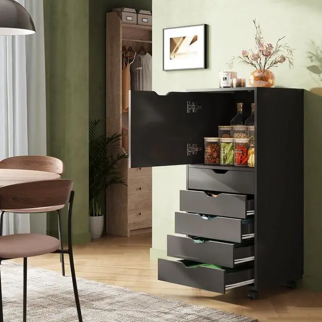 Alt view image 6 of 7 - 5 Drawer Cabinet with 1 Door, Mobile Office File Cabinet, Black | Wood Rolling Cart, Filing Drawers, Craft Storage Drawer Cabinet, Printer Stand, Home Office