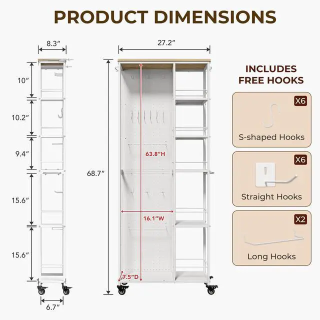 Alt view image 2 of 7 - 8.3" W Slim Utility Storage Cart, Laundry Cart with Wheels, 5-Tier Storage Shelf & Pegboard, Metal Narrow Laundry Room Shelves Trolley, Thin Rolling Kitchen Storage Cart, White