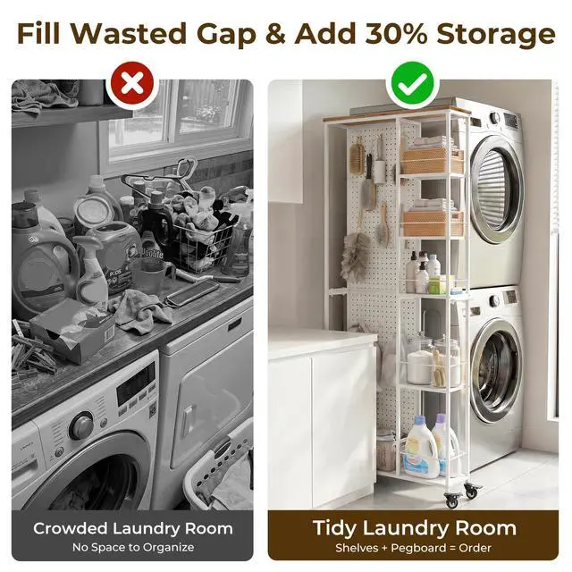 Alt view image 5 of 7 - 8.3" W Slim Utility Storage Cart, Laundry Cart with Wheels, 5-Tier Storage Shelf & Pegboard, Metal Narrow Laundry Room Shelves Trolley, Thin Rolling Kitchen Storage Cart, White