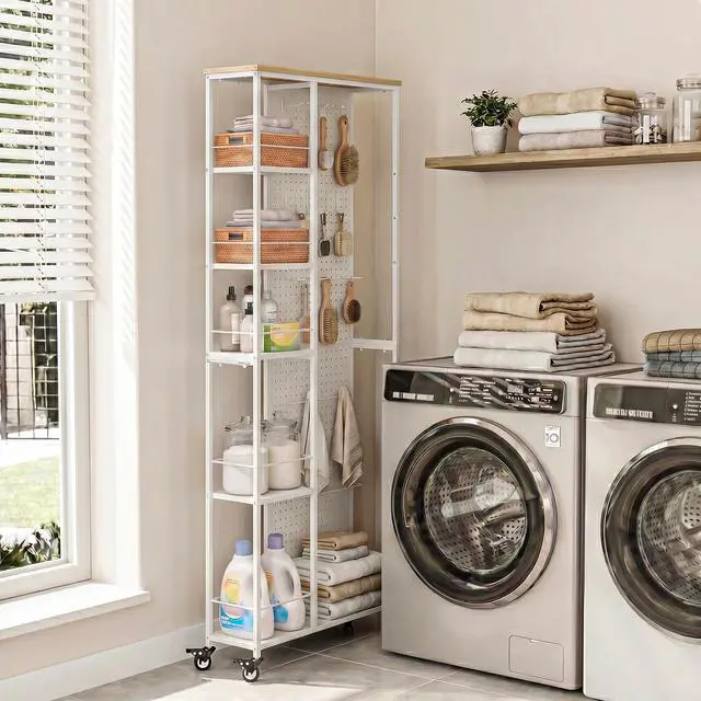 Alt view image 3 of 7 - 8.3" W Slim Utility Storage Cart, Laundry Cart with Wheels, 5-Tier Storage Shelf & Pegboard, Metal Narrow Laundry Room Shelves Trolley, Thin Rolling Kitchen Storage Cart, White