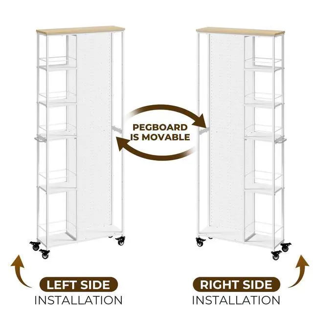 Alt view image 6 of 7 - 8.3" W Slim Utility Storage Cart, Laundry Cart with Wheels, 5-Tier Storage Shelf & Pegboard, Metal Narrow Laundry Room Shelves Trolley, Thin Rolling Kitchen Storage Cart, White
