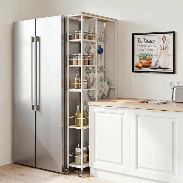 Alt view image 7 of 7 - 8.3" W Slim Utility Storage Cart, Laundry Cart with Wheels, 5-Tier Storage Shelf & Pegboard, Metal Narrow Laundry Room Shelves Trolley, Thin Rolling Kitchen Storage Cart, White