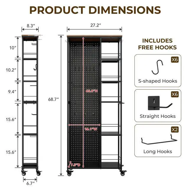 Alt view image 2 of 7 - 8.3" W Utility Slim Storage Cart, Laundry Cart with Wheels, 5-Tier Storage Shelf & Pegboard, Metal Narrow Laundry Room Shelves Trolley, Thin Rolling Kitchen Storage Cart, Black