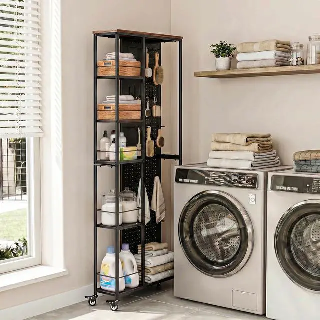 Alt view image 4 of 7 - 8.3" W Utility Slim Storage Cart, Laundry Cart with Wheels, 5-Tier Storage Shelf & Pegboard, Metal Narrow Laundry Room Shelves Trolley, Thin Rolling Kitchen Storage Cart, Black