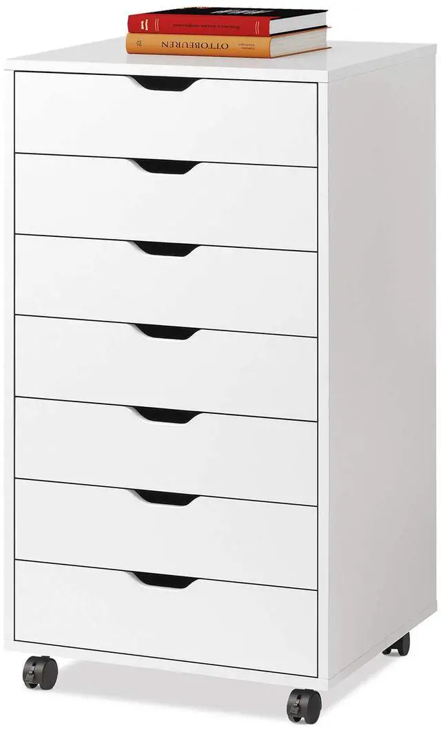 Main image of 7-Drawer Office File Cabinets, Mobile Craft Storage Cabinet, White | Wood Drawer Unit, Storage Cabinet, Rolling Cart, Printer Stand, Filing Cabinet with Drawers