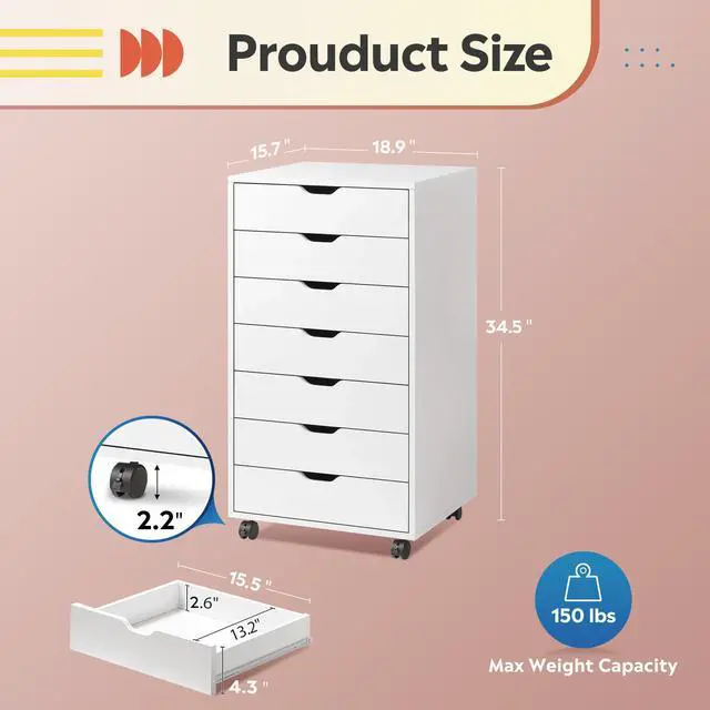 Alt view image 3 of 7 - 7-Drawer Office File Cabinets, Mobile Craft Storage Cabinet, White | Wood Drawer Unit, Storage Cabinet, Rolling Cart, Printer Stand, Filing Cabinet with Drawers