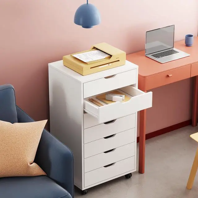Alt view image 2 of 7 - 7-Drawer Office File Cabinets, Mobile Craft Storage Cabinet, White | Wood Drawer Unit, Storage Cabinet, Rolling Cart, Printer Stand, Filing Cabinet with Drawers