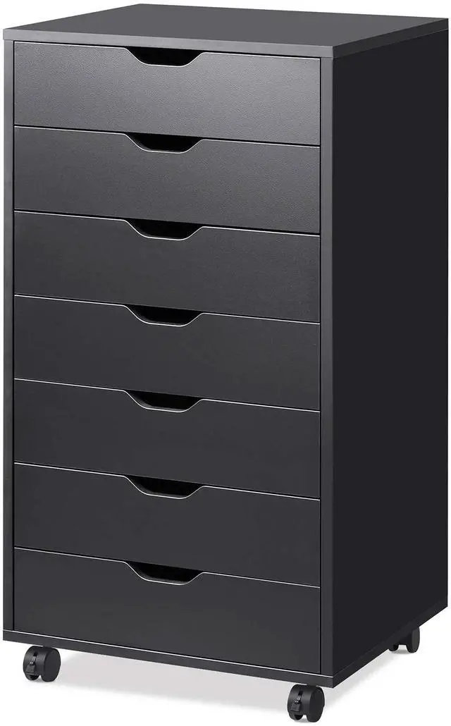 Main image of 7-Drawer Office File Cabinets, Mobile Craft Storage Cabinet, Black | Wood Drawer Unit, Storage Cabinet, Rolling Cart, Printer Stand, Filing Cabinet with Drawers