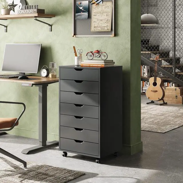 Alt view image 2 of 7 - 7-Drawer Office File Cabinets, Mobile Craft Storage Cabinet, Black | Wood Drawer Unit, Storage Cabinet, Rolling Cart, Printer Stand, Filing Cabinet with Drawers