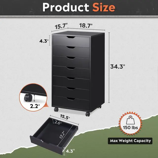 Alt view image 3 of 7 - 7-Drawer Office File Cabinets, Mobile Craft Storage Cabinet, Black | Wood Drawer Unit, Storage Cabinet, Rolling Cart, Printer Stand, Filing Cabinet with Drawers