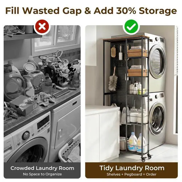 Alt view image 5 of 7 - 8.3" W Utility Slim Storage Cart, Laundry Cart with Wheels, 5-Tier Storage Shelf & Pegboard, Metal Narrow Laundry Room Shelves Trolley, Thin Rolling Kitchen Storage Cart, Black