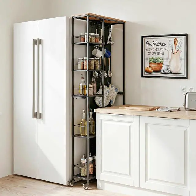 Alt view image 7 of 7 - 8.3" W Utility Slim Storage Cart, Laundry Cart with Wheels, 5-Tier Storage Shelf & Pegboard, Metal Narrow Laundry Room Shelves Trolley, Thin Rolling Kitchen Storage Cart, Black