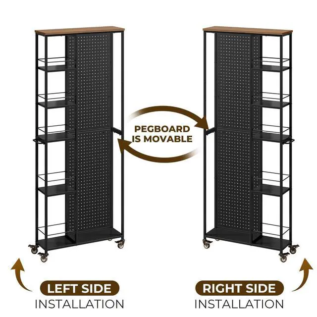 Alt view image 6 of 7 - 8.3" W Utility Slim Storage Cart, Laundry Cart with Wheels, 5-Tier Storage Shelf & Pegboard, Metal Narrow Laundry Room Shelves Trolley, Thin Rolling Kitchen Storage Cart, Black