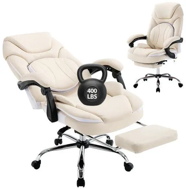 Main image of Comfortable Reclining Office Desk Chair with Foot Leg Rest, Beige | Big Tall Computer Gaming Chair, Adjustable Lumbar Back Support, Wide Seat, Heavy Duty, Wheels, Faux Leather