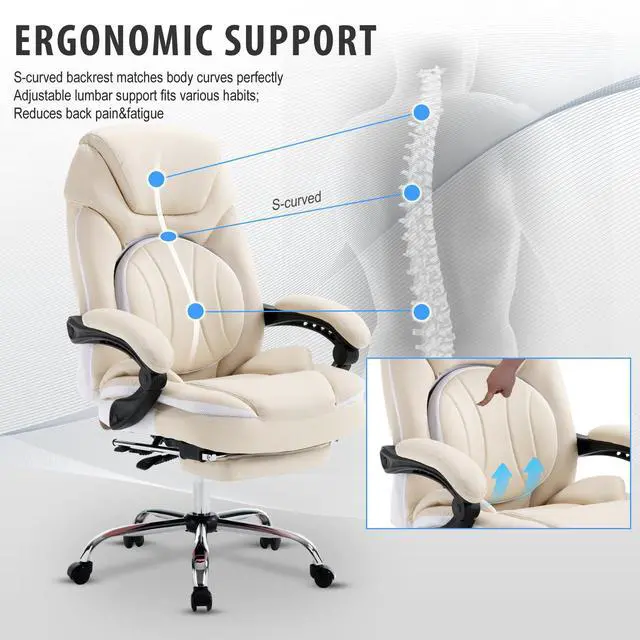 Alt view image 5 of 7 - Comfortable Reclining Office Desk Chair with Foot Leg Rest, Beige | Big Tall Computer Gaming Chair, Adjustable Lumbar Back Support, Wide Seat, Heavy Duty, Wheels, Faux Leather