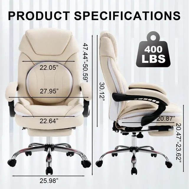 Alt view image 2 of 7 - Comfortable Reclining Office Desk Chair with Foot Leg Rest, Beige | Big Tall Computer Gaming Chair, Adjustable Lumbar Back Support, Wide Seat, Heavy Duty, Wheels, Faux Leather