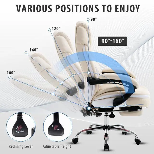 Alt view image 3 of 7 - Comfortable Reclining Office Desk Chair with Foot Leg Rest, Beige | Big Tall Computer Gaming Chair, Adjustable Lumbar Back Support, Wide Seat, Heavy Duty, Wheels, Faux Leather