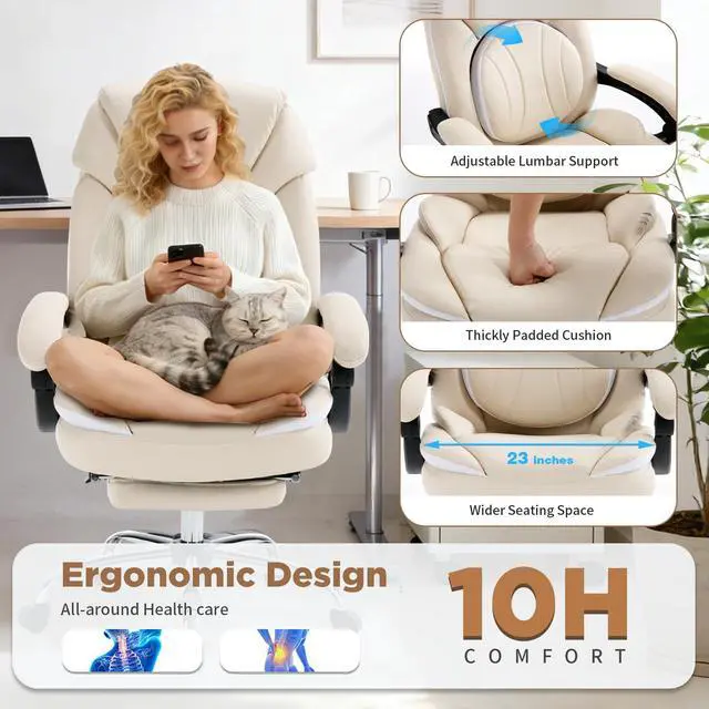Alt view image 4 of 7 - Comfortable Reclining Office Desk Chair with Foot Leg Rest, Beige | Big Tall Computer Gaming Chair, Adjustable Lumbar Back Support, Wide Seat, Heavy Duty, Wheels, Faux Leather