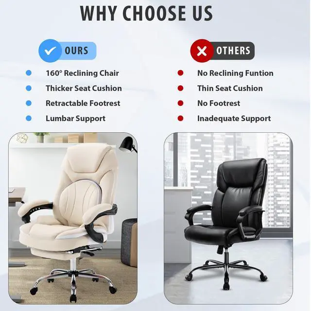Alt view image 7 of 7 - Comfortable Reclining Office Desk Chair with Foot Leg Rest, Beige | Big Tall Computer Gaming Chair, Adjustable Lumbar Back Support, Wide Seat, Heavy Duty, Wheels, Faux Leather