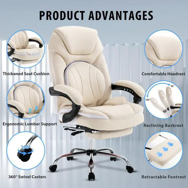 Alt view image 6 of 7 - Comfortable Reclining Office Desk Chair with Foot Leg Rest, Beige | Big Tall Computer Gaming Chair, Adjustable Lumbar Back Support, Wide Seat, Heavy Duty, Wheels, Faux Leather