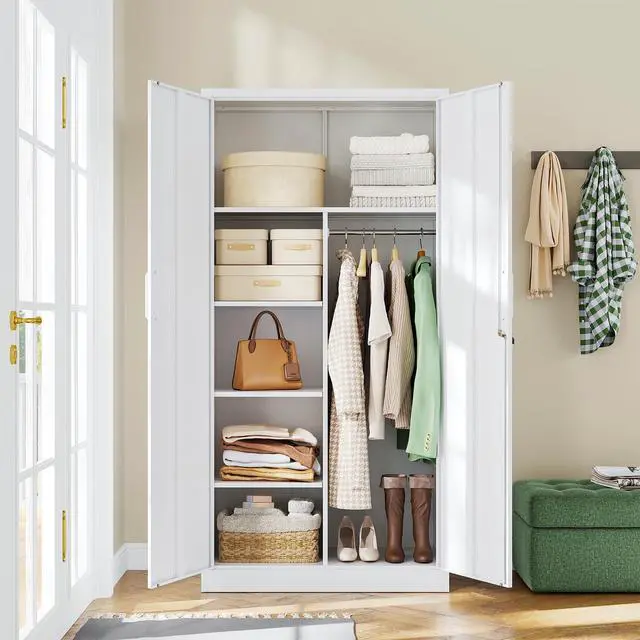 Alt view image 2 of 7 - Metal Locker,Steel Wardrobe Storage Cabinets with Lock Door,Clothing Coat Storage Freestanding for Office, Home, School, Employee,Gym,Fire Department (White)