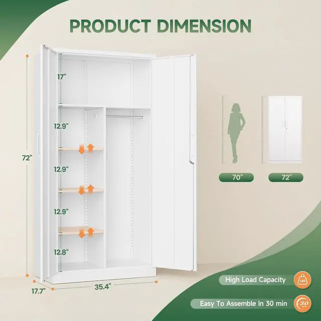 Alt view image 3 of 7 - Metal Locker,Steel Wardrobe Storage Cabinets with Lock Door,Clothing Coat Storage Freestanding for Office, Home, School, Employee,Gym,Fire Department (White)