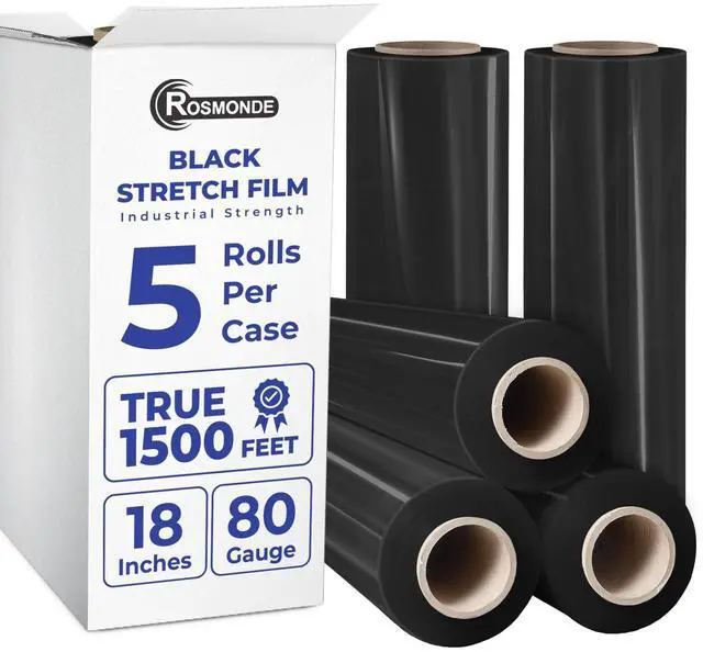 Main image of Bulk Plastic Wrap, 5 Pack, True 18" x 1500 ft Black Shrink Wrap | Industrial Strength Pallet Stretch Wrap, 80 Gauge / 20 Microns, 9.4 lbs / Roll, Black Heavy Duty Shrink Wrap Roll, Bulk Wrap