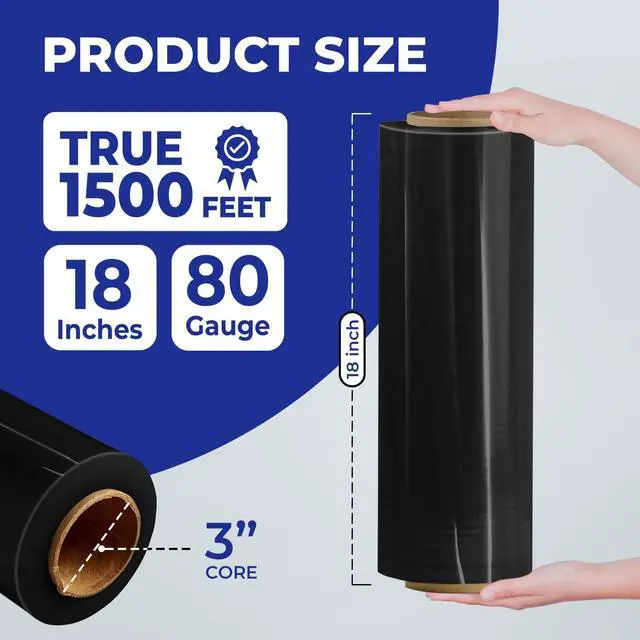 Alt view image 3 of 7 - Bulk Plastic Wrap, 5 Pack, True 18" x 1500 ft Black Shrink Wrap | Industrial Strength Pallet Stretch Wrap, 80 Gauge / 20 Microns, 9.4 lbs / Roll, Black Heavy Duty Shrink Wrap Roll, Bulk Wrap