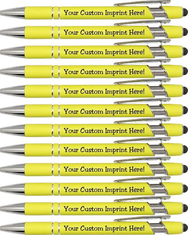 Main image of ExpressDesigns - Pastel Premium Custom Pens with Stylus | Personalized Soft-Touch Metal Printed Name Pens w/Black Ink - Imprinted w/Logo or Message - 12 pcs/pack (Pastel Yellow)
